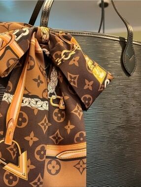 Luxury clover flower brown gold Pattern Scarf LONG 44” W3” easy tie on bag